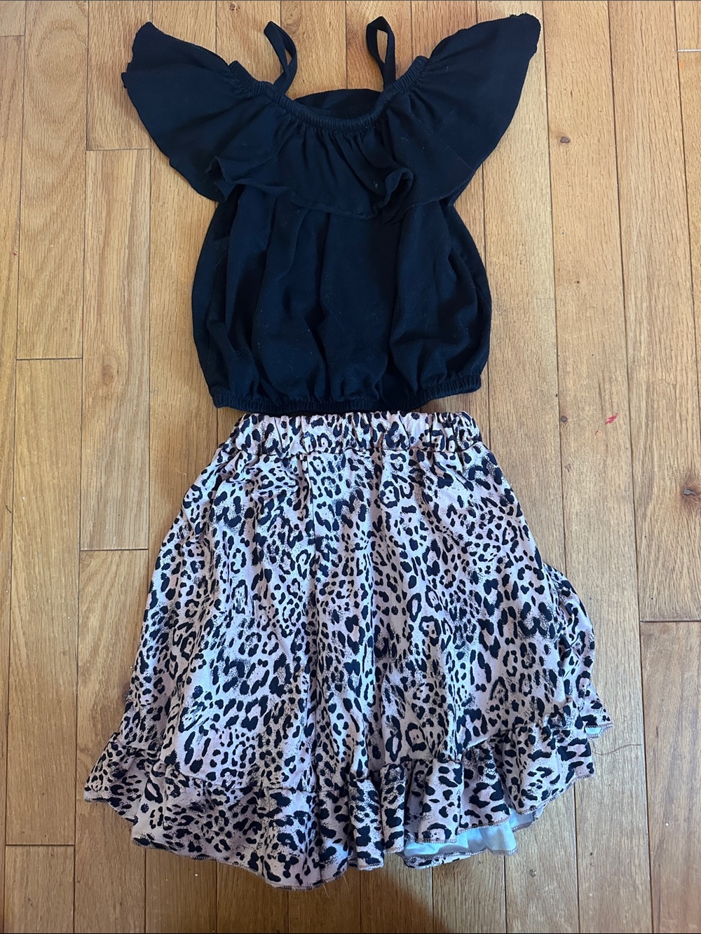 Mia Belle Girls Black Top with Leopard Print Ruffle Skirt